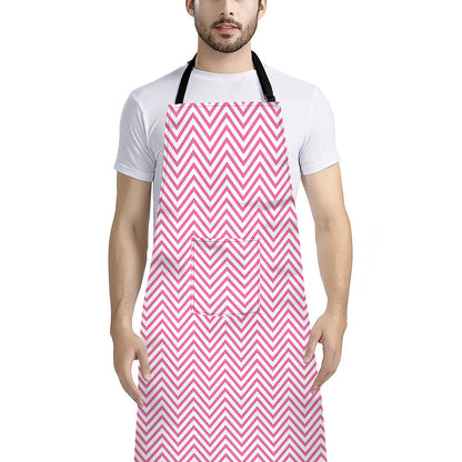 White And Pink Zigzag Pattern Print Bib Apron With Pocket