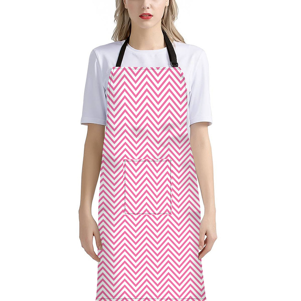 White And Pink Zigzag Pattern Print Bib Apron With Pocket
