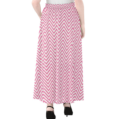 White And Pink Zigzag Pattern Print Chiffon Maxi Skirt
