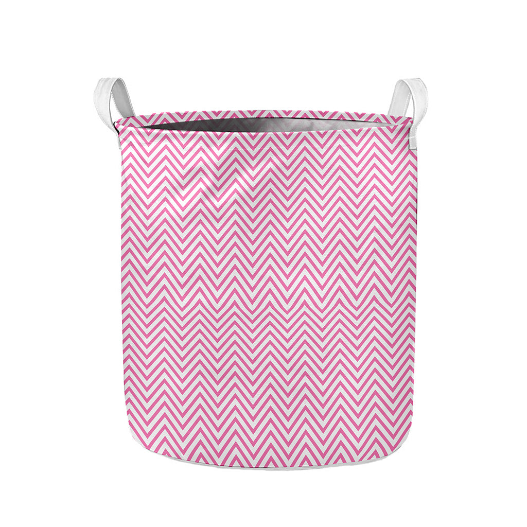 White And Pink Zigzag Pattern Print Collapsible Laundry Basket