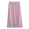 White And Pink Zigzag Pattern Print Cotton Front Slit Maxi Skirt