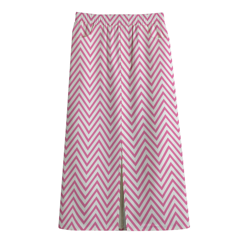 White And Pink Zigzag Pattern Print Cotton Front Slit Maxi Skirt