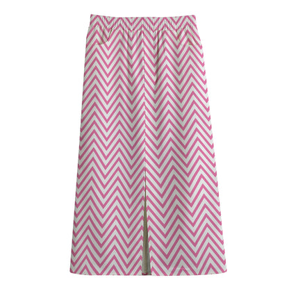 White And Pink Zigzag Pattern Print Cotton Front Slit Maxi Skirt