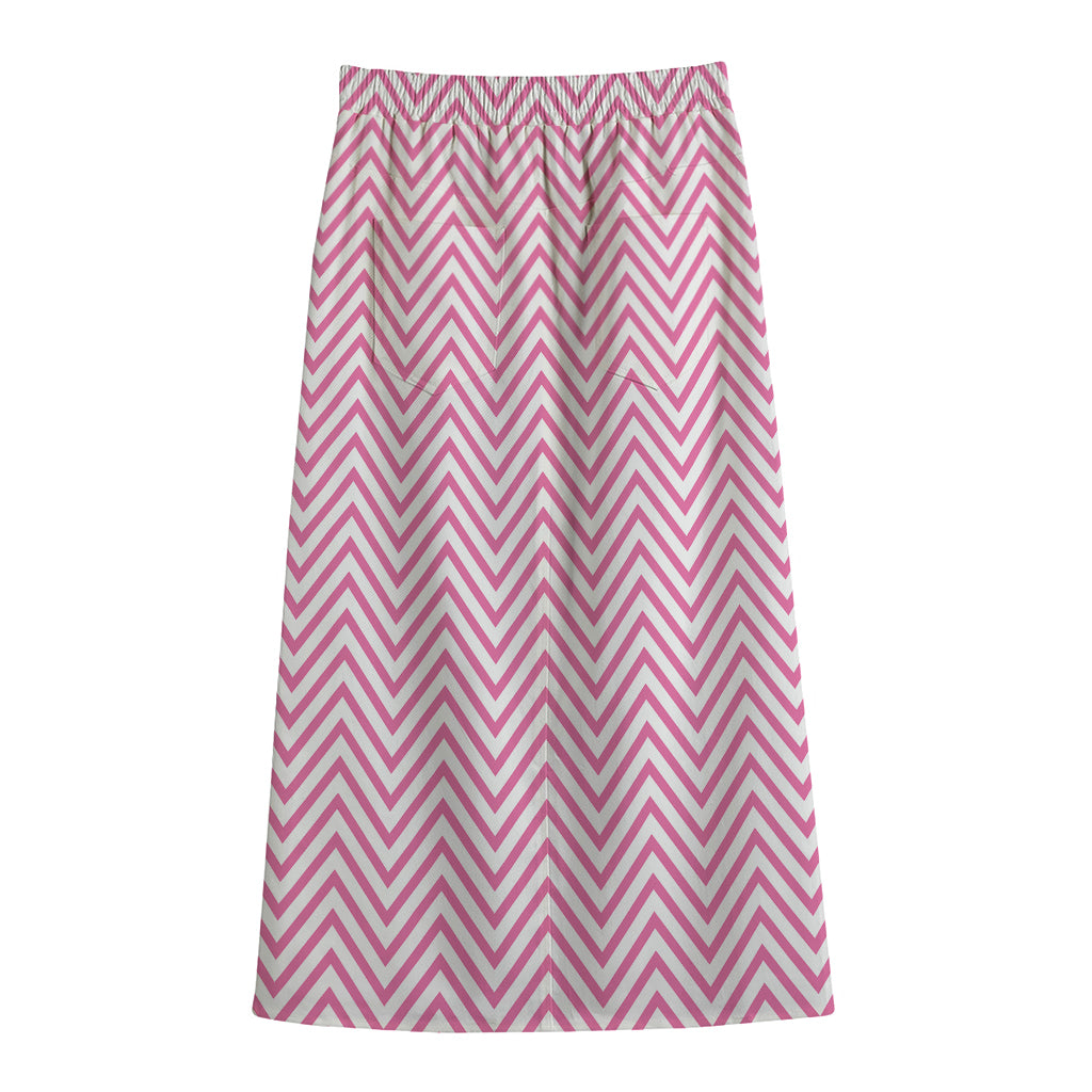 White And Pink Zigzag Pattern Print Cotton Front Slit Maxi Skirt
