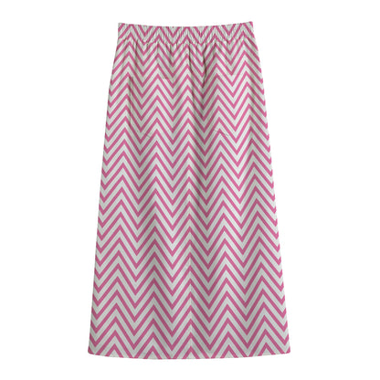 White And Pink Zigzag Pattern Print Cotton Front Slit Maxi Skirt