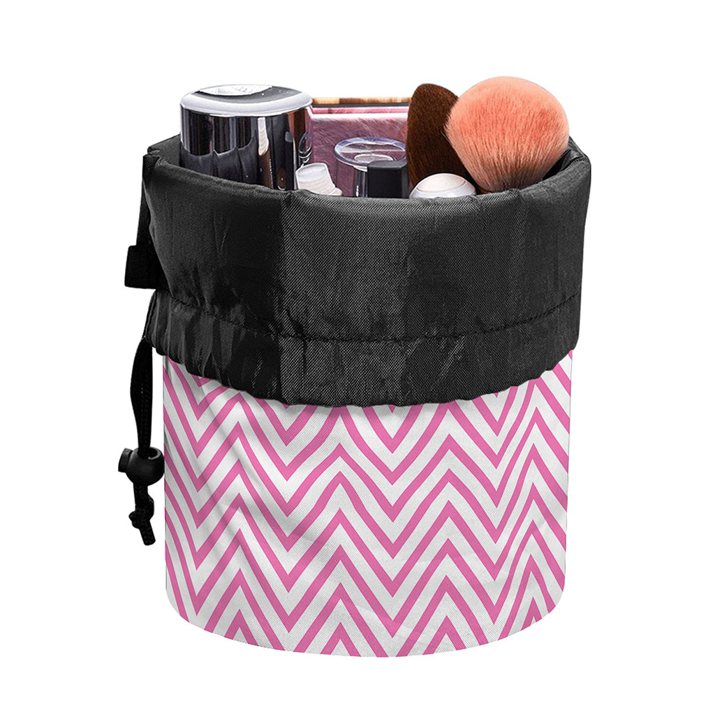 White And Pink Zigzag Pattern Print Drawstring Makeup Bag