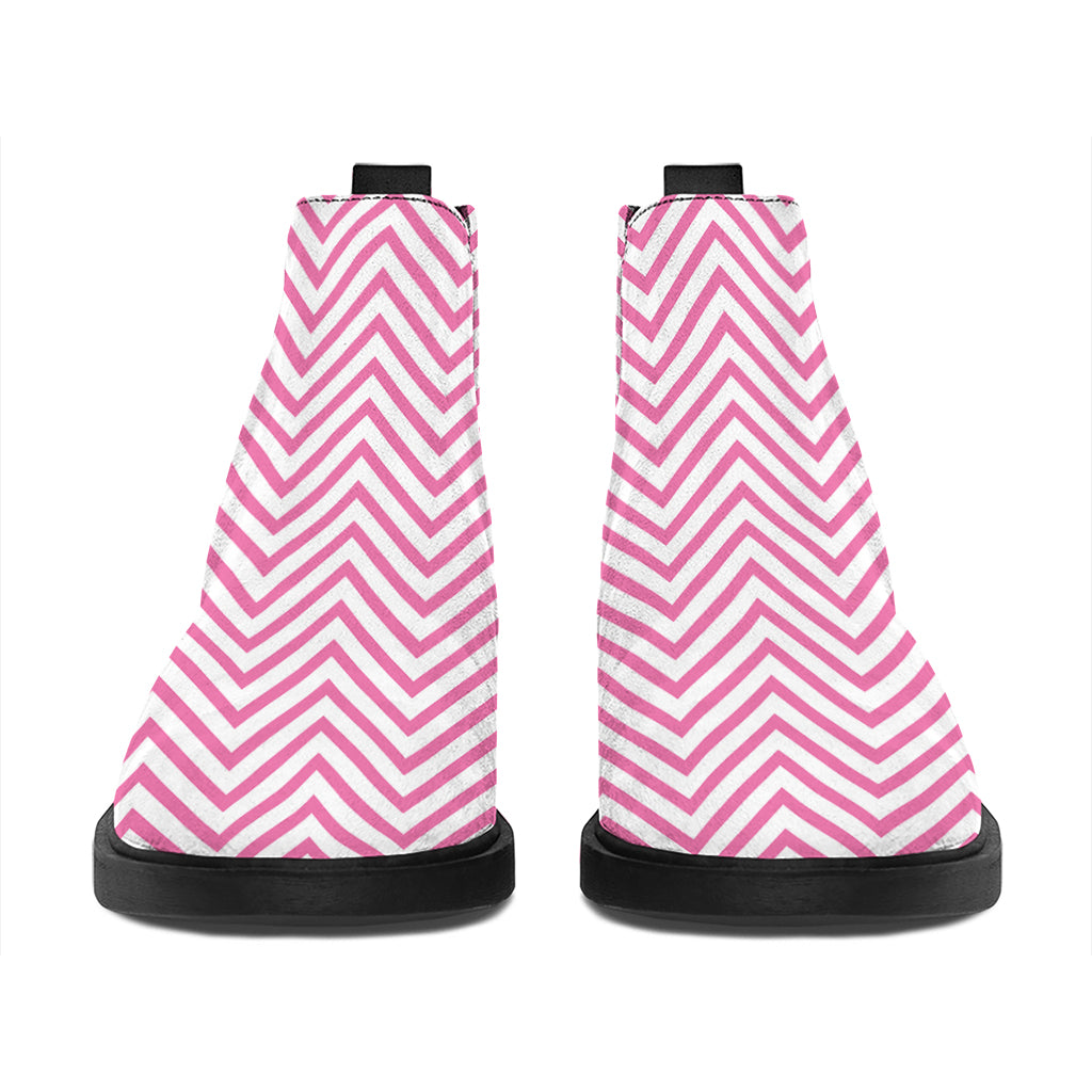 White And Pink Zigzag Pattern Print Flat Ankle Boots