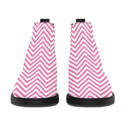 White And Pink Zigzag Pattern Print Flat Ankle Boots