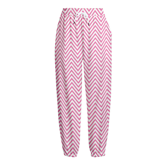 White And Pink Zigzag Pattern Print Fleece Lined Knit Pants