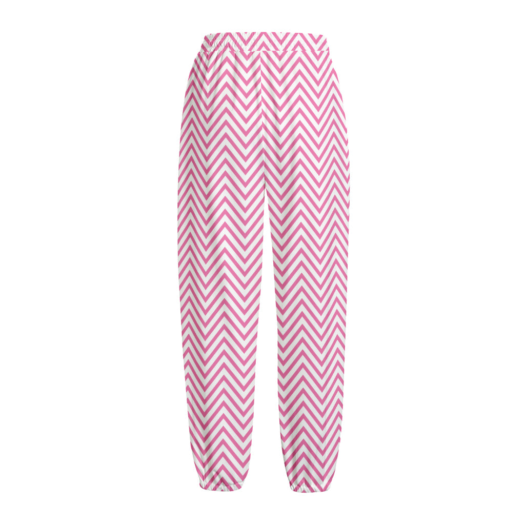 White And Pink Zigzag Pattern Print Fleece Lined Knit Pants