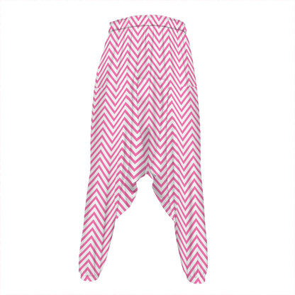 White And Pink Zigzag Pattern Print Hammer Pants