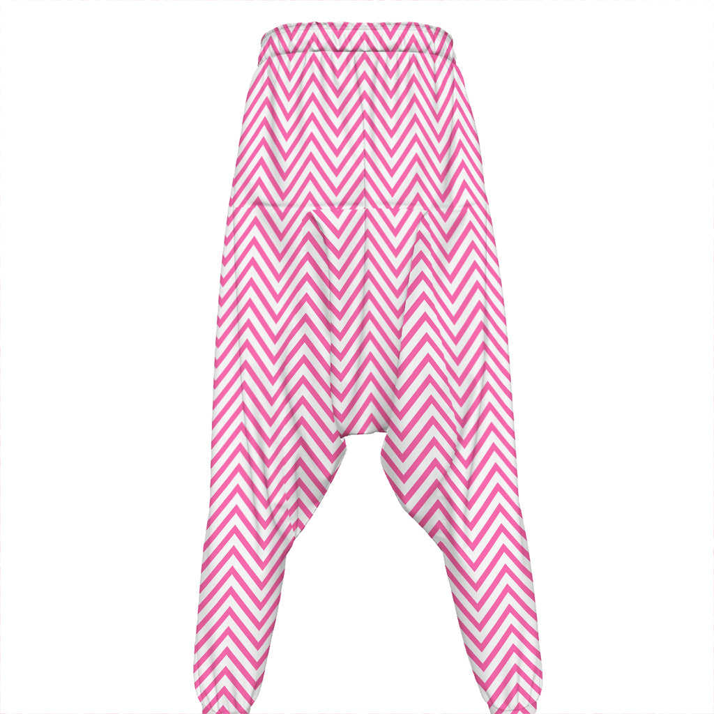 White And Pink Zigzag Pattern Print Hammer Pants