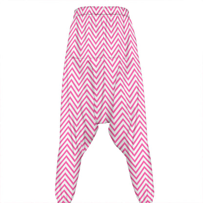 White And Pink Zigzag Pattern Print Hammer Pants