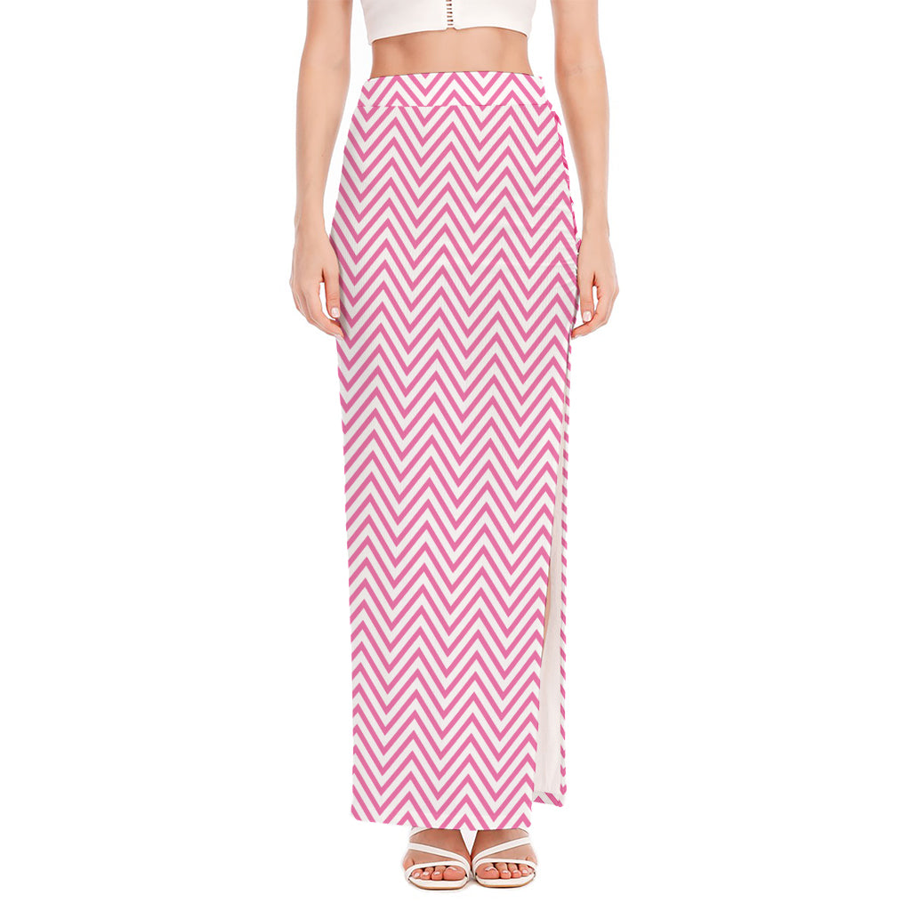 White And Pink Zigzag Pattern Print High Slit Maxi Skirt
