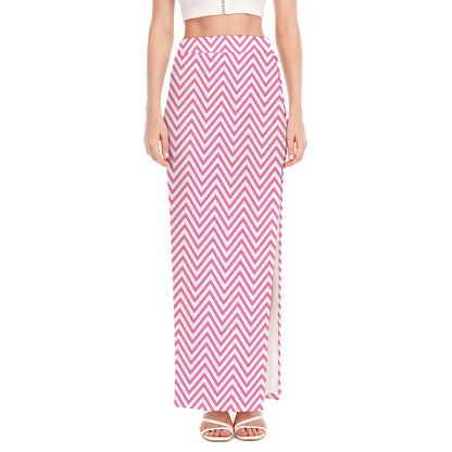 White And Pink Zigzag Pattern Print High Slit Maxi Skirt