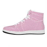 White And Pink Zigzag Pattern Print High Top Leather Sneakers