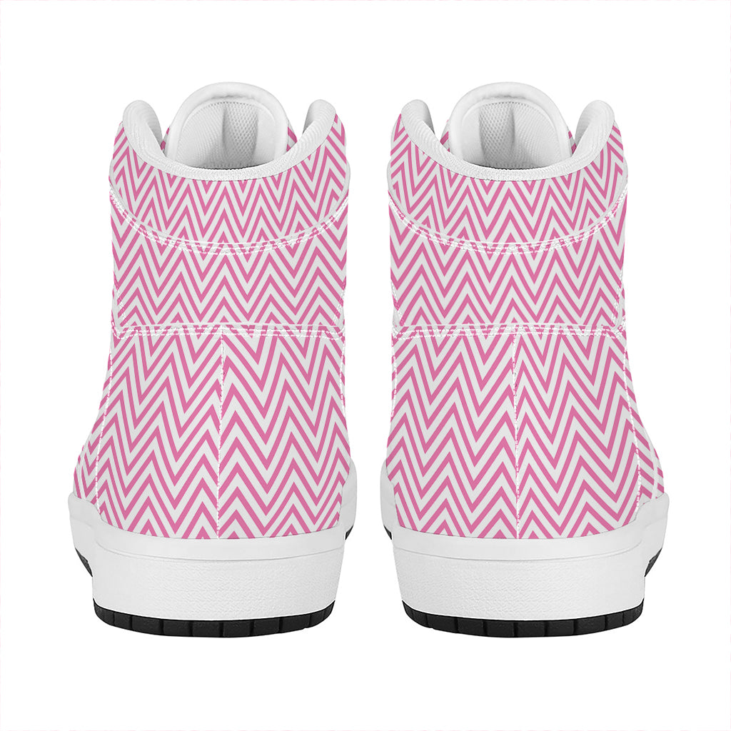 White And Pink Zigzag Pattern Print High Top Leather Sneakers