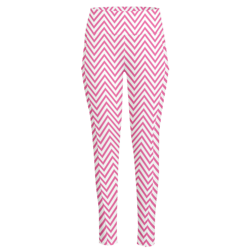 White And Pink Zigzag Pattern Print High-Waisted Pocket Leggings