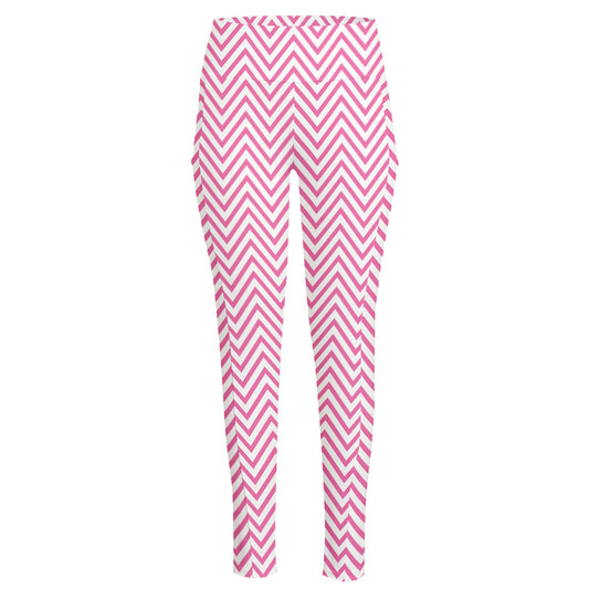 White And Pink Zigzag Pattern Print High-Waisted Pocket Leggings