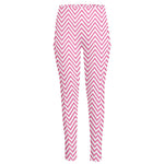 White And Pink Zigzag Pattern Print High-Waisted Pocket Leggings