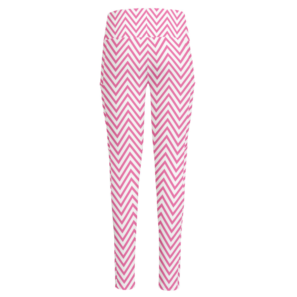 White And Pink Zigzag Pattern Print High-Waisted Pocket Leggings