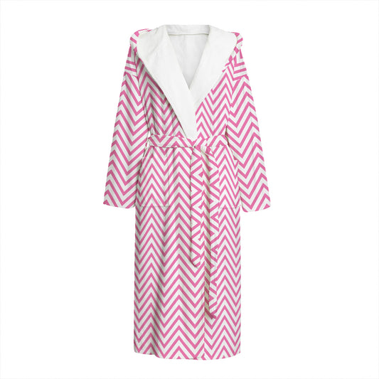 White And Pink Zigzag Pattern Print Hooded Bathrobe