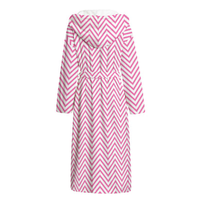 White And Pink Zigzag Pattern Print Hooded Bathrobe