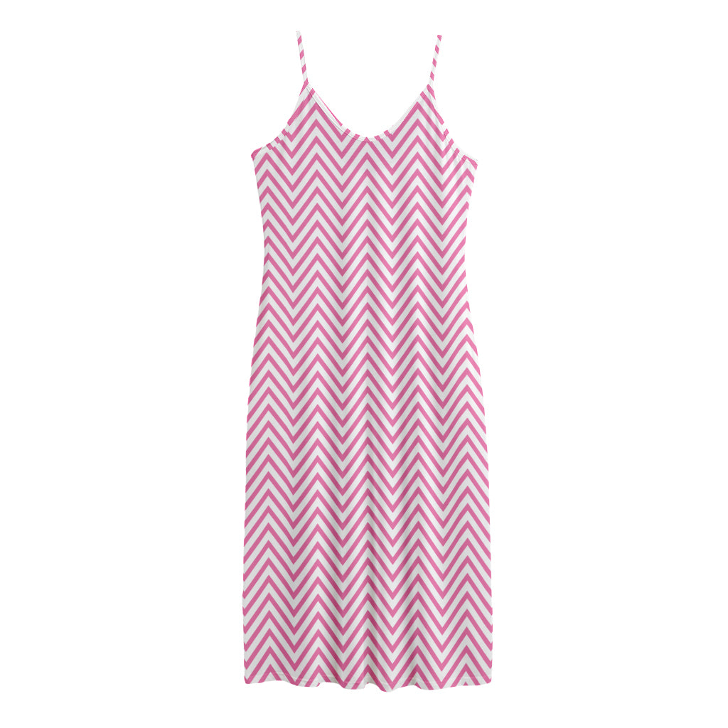 White And Pink Zigzag Pattern Print Jersey Midi Cami Dress