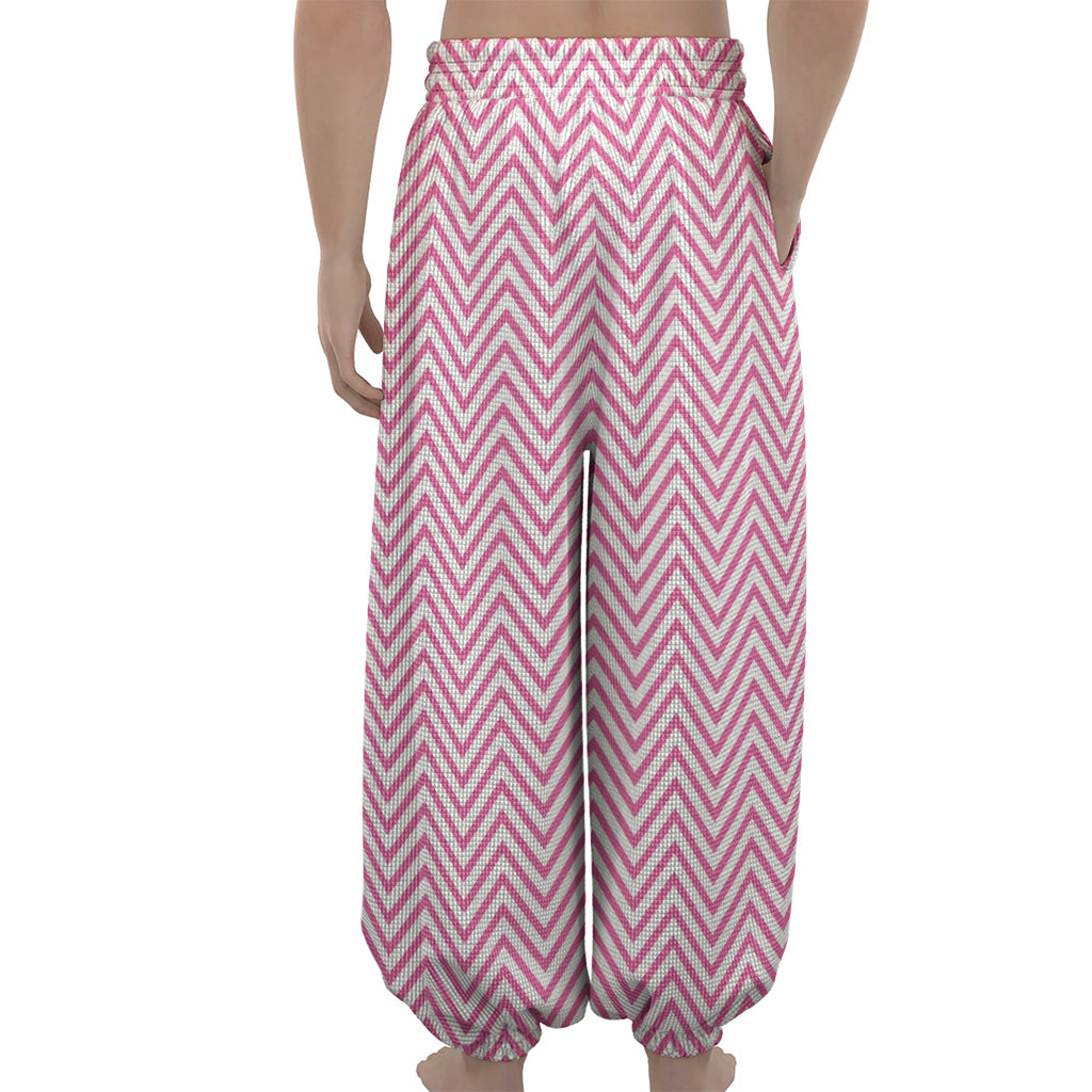 White And Pink Zigzag Pattern Print Lantern Pants