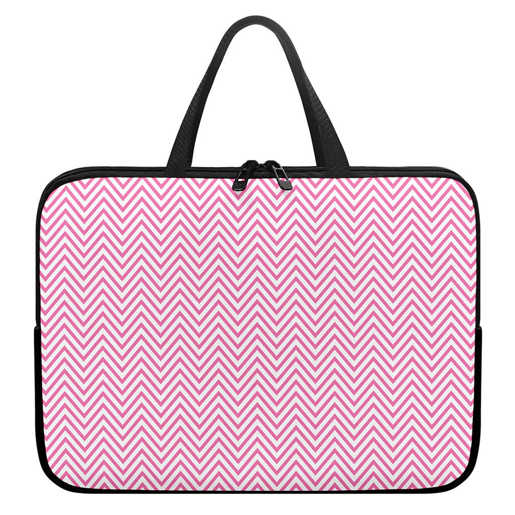 White And Pink Zigzag Pattern Print Laptop Sleeve With Handle