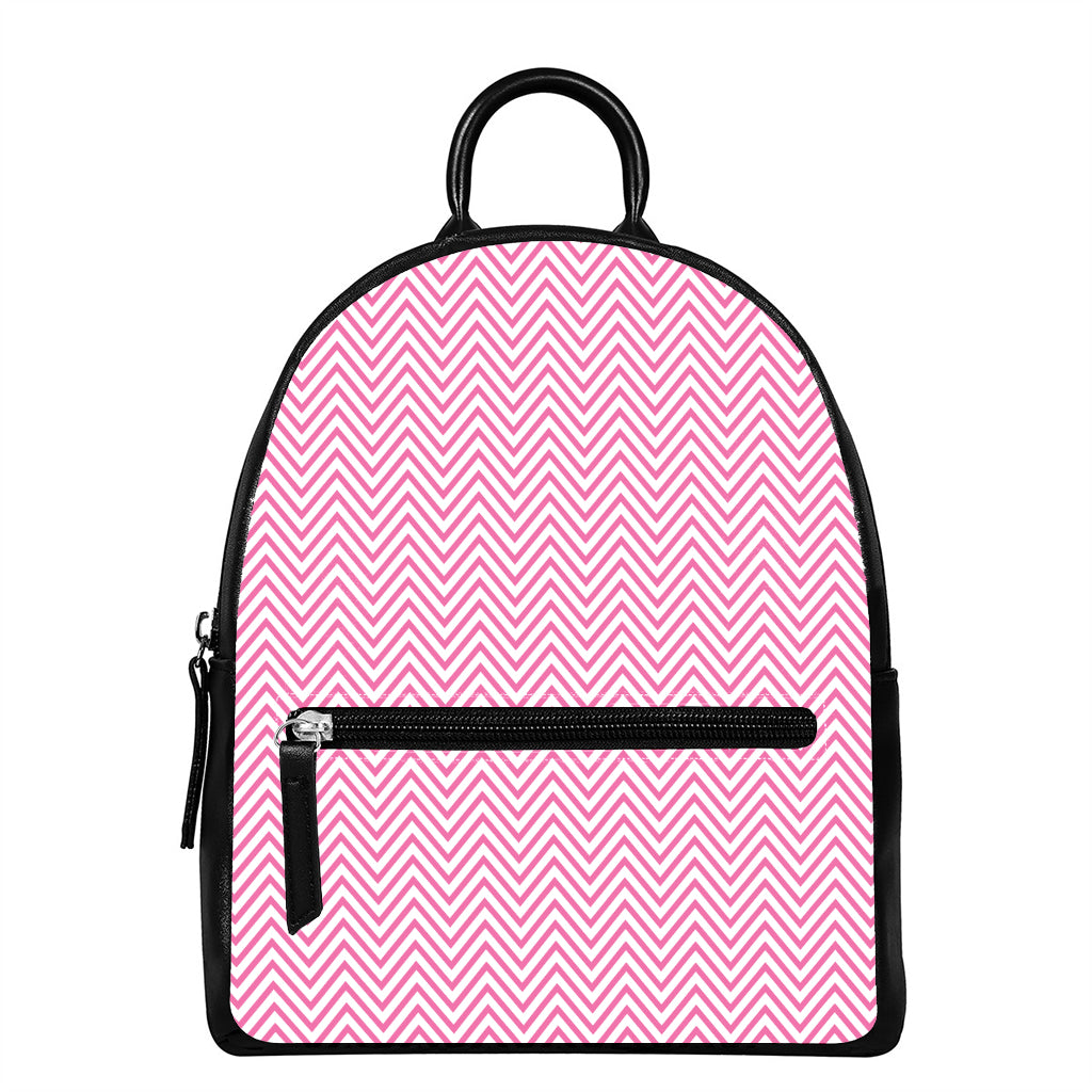 White And Pink Zigzag Pattern Print Leather Backpack