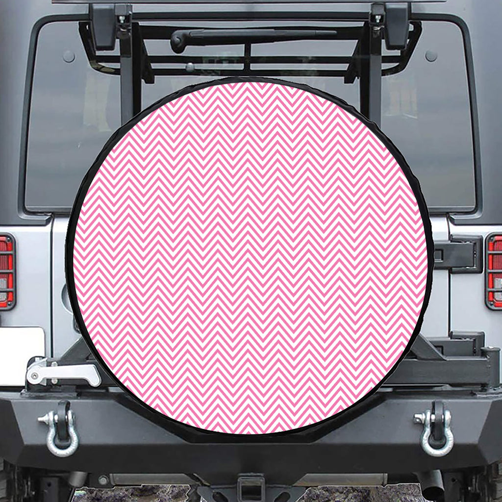 White And Pink Zigzag Pattern Print Leather Spare Tire Cover