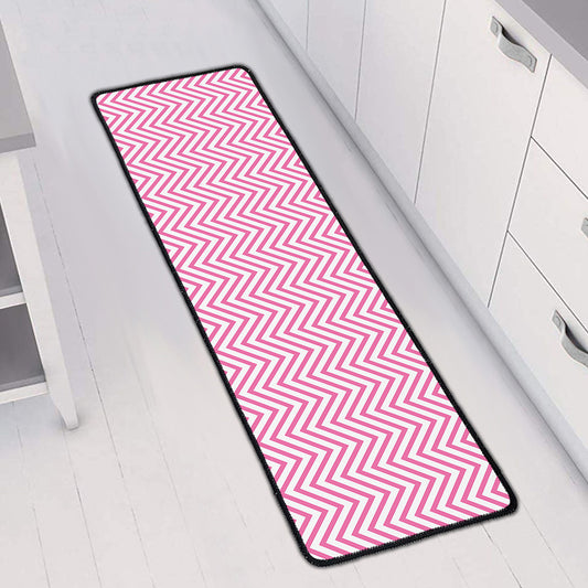 White And Pink Zigzag Pattern Print Long Kitchen Mat