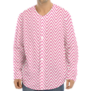 White And Pink Zigzag Pattern Print Long Sleeve Baseball Jersey