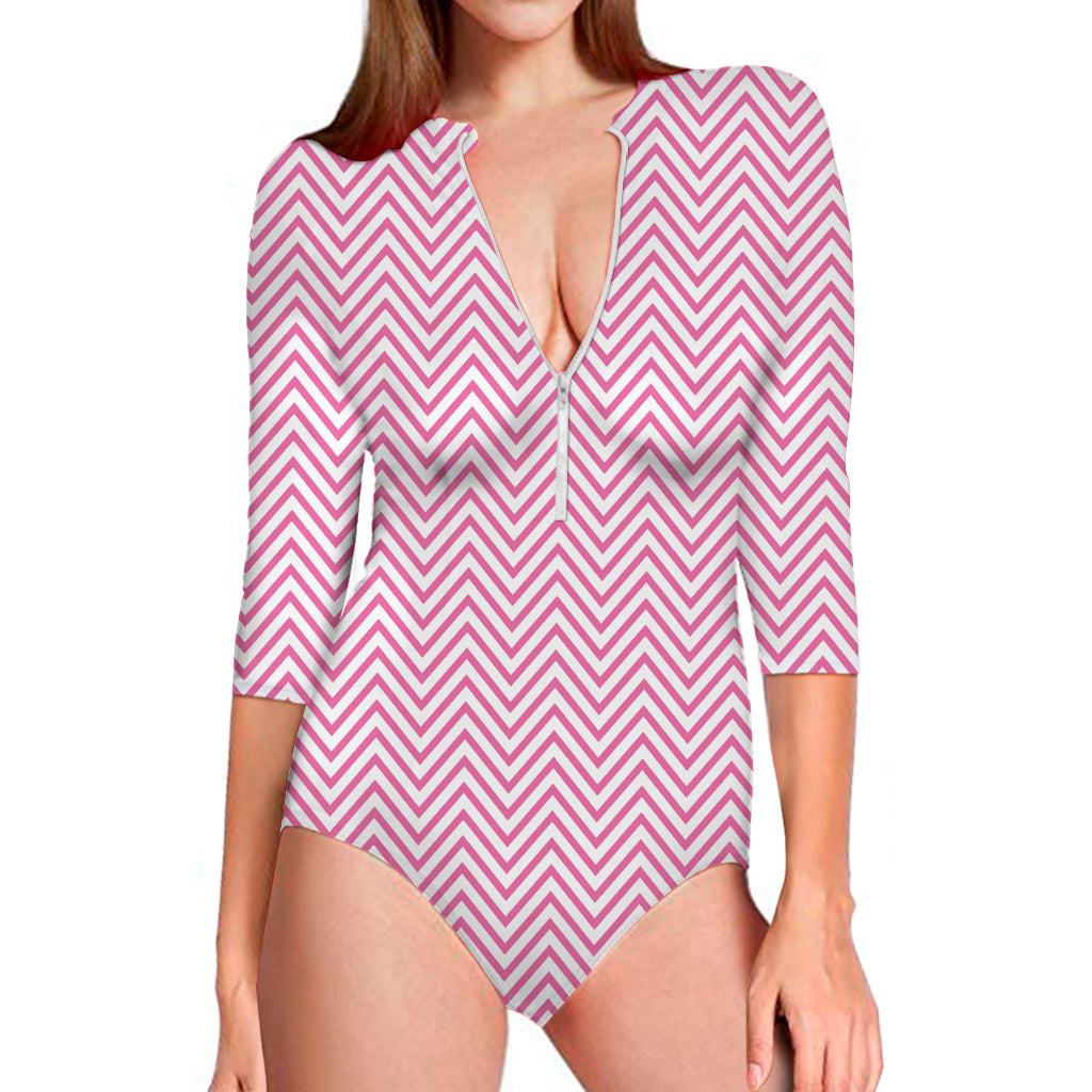 White And Pink Zigzag Pattern Print Long Sleeve Swimsuit