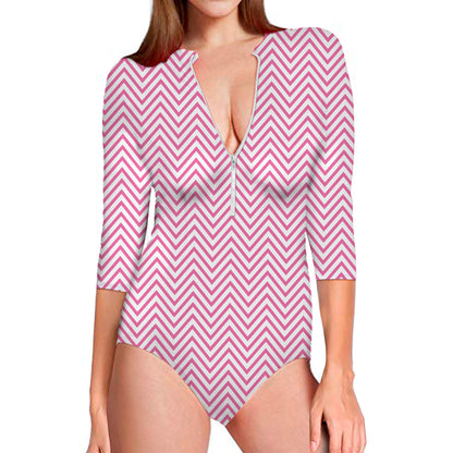 White And Pink Zigzag Pattern Print Long Sleeve Swimsuit