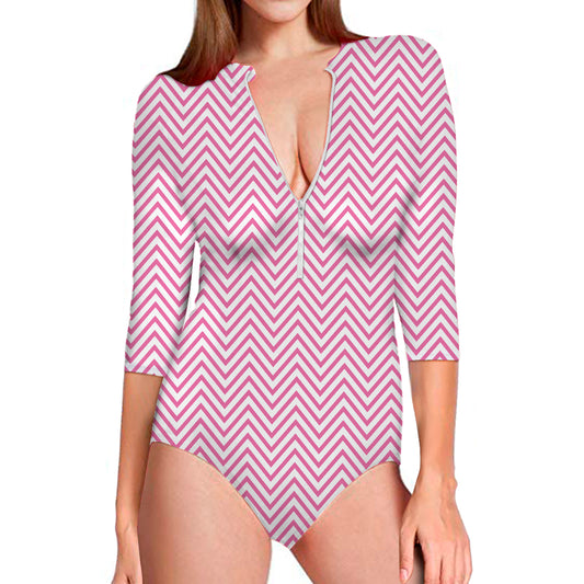 White And Pink Zigzag Pattern Print Long Sleeve Swimsuit