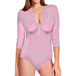 White And Pink Zigzag Pattern Print Long Sleeve Swimsuit
