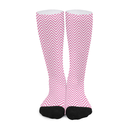 White And Pink Zigzag Pattern Print Long Socks