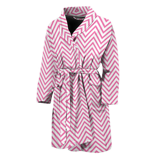 White And Pink Zigzag Pattern Print Men's Bathrobe