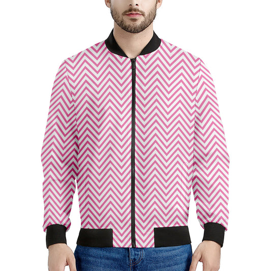 White And Pink Zigzag Pattern Print Men's Bomber Jacket