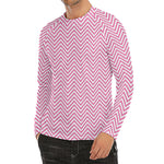 White And Pink Zigzag Pattern Print Men's Long Sleeve Rash Guard
