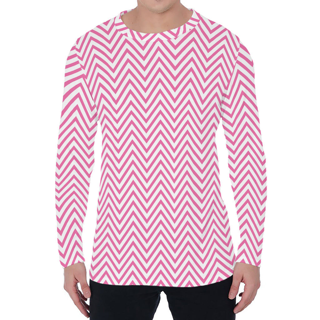 White And Pink Zigzag Pattern Print Men's Long Sleeve T-Shirt