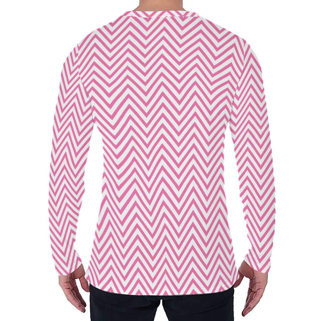 White And Pink Zigzag Pattern Print Men's Long Sleeve T-Shirt