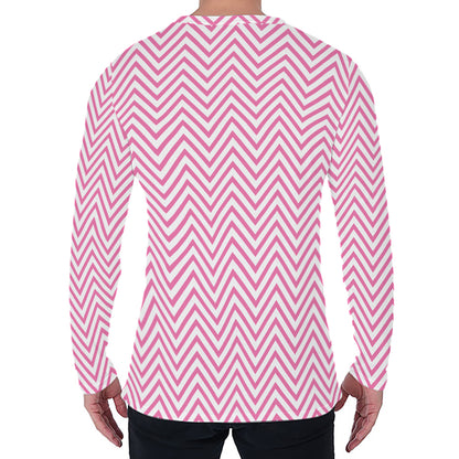 White And Pink Zigzag Pattern Print Men's Long Sleeve T-Shirt