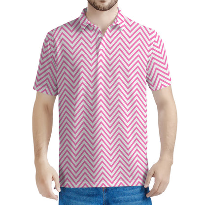White And Pink Zigzag Pattern Print Men's Polo Shirt