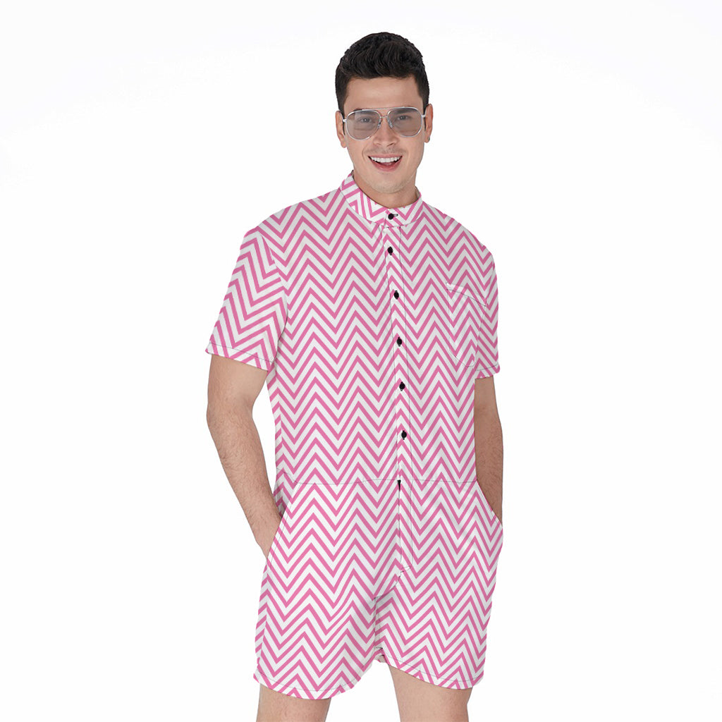 White And Pink Zigzag Pattern Print Men's Rompers
