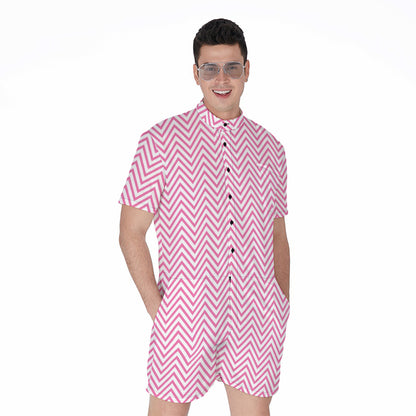 White And Pink Zigzag Pattern Print Men's Rompers