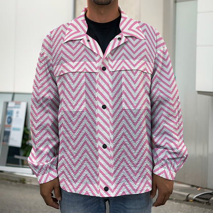 White And Pink Zigzag Pattern Print Men's Shirt Jacket