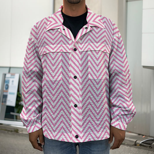 White And Pink Zigzag Pattern Print Men's Shirt Jacket